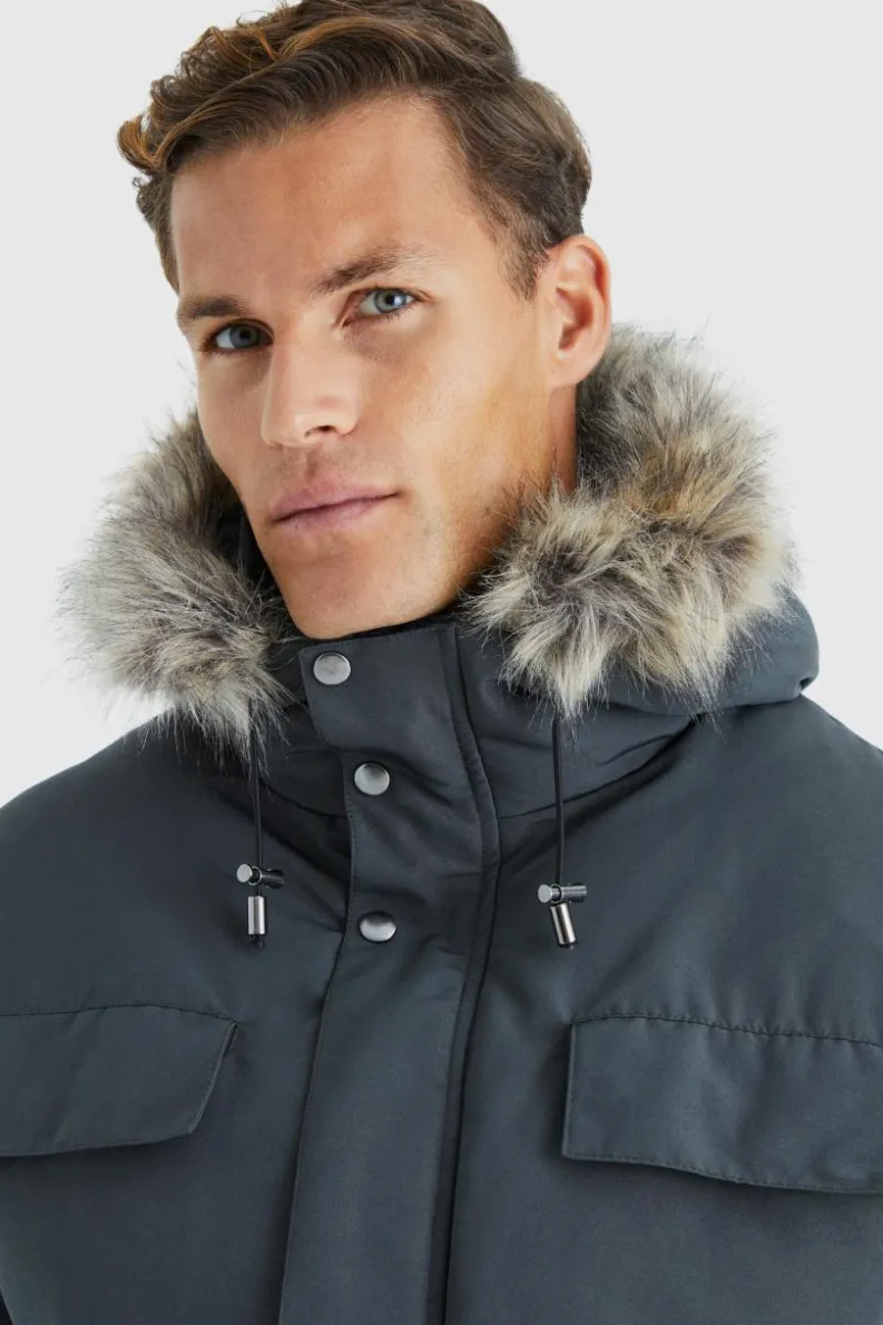 Shop boohooMAN Tall Faux Fur Hooded Arctic Parka Jacket in charcoal