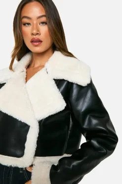 Fashion boohoo Tall Faux Fur Lined Cropped Leather Jacket black