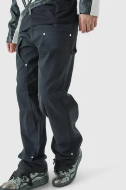 Online boohooMAN Tall Fixed Waist Relaxed Twill Carpenter Trouser black