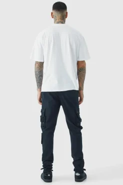 Shop boohooMAN Tall Fixed Waist Skinny Stretch Twill Cargo Trouser black