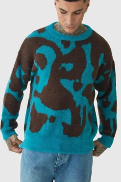 Outlet boohooMAN Tall Fluffy Knit Abstract Sweatshirt teal