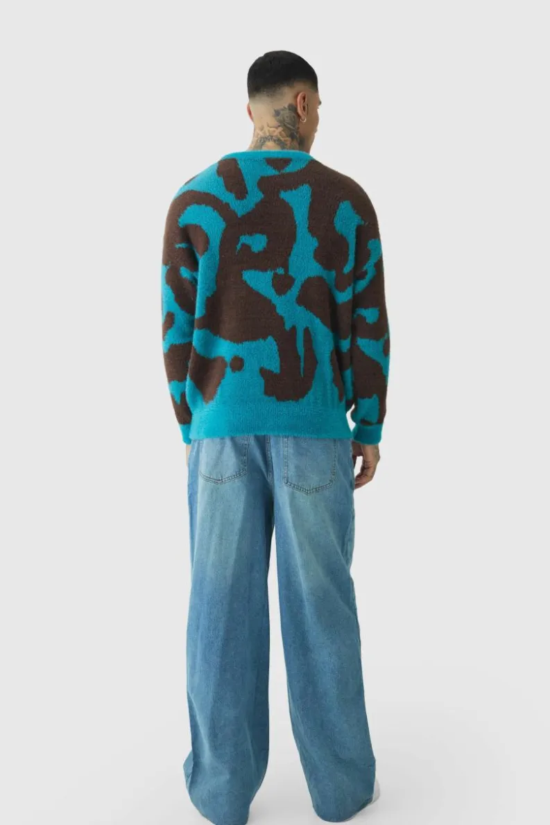 Outlet boohooMAN Tall Fluffy Knit Abstract Sweatshirt teal