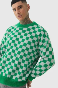 Online boohooMAN Tall Fluffy Knit Checkered Sweatshirt green