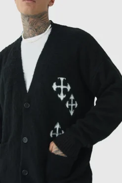 Cheap boohooMAN Tall Fluffy Knit Gothic Cross Applique Cardigan black