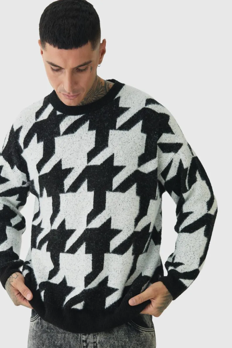 Discount boohooMAN Tall Fluffy Knit Houndstooth Sweatshirt black