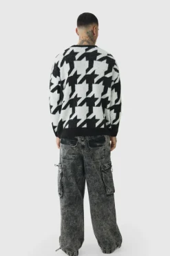Discount boohooMAN Tall Fluffy Knit Houndstooth Sweatshirt black