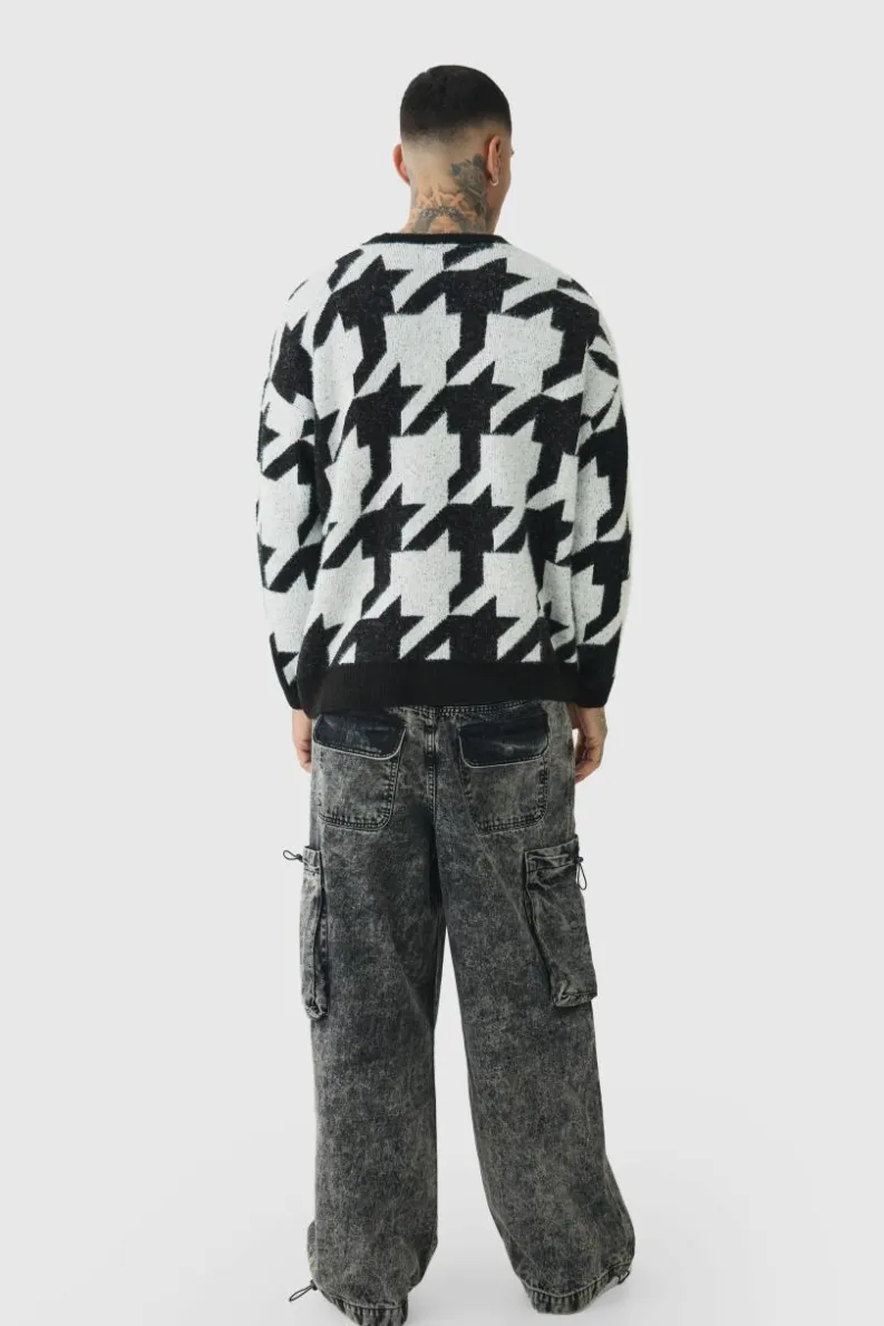 Discount boohooMAN Tall Fluffy Knit Houndstooth Sweatshirt black