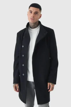 Clearance boohooMAN Tall Funnel Neck Wool Look Overcoat in black