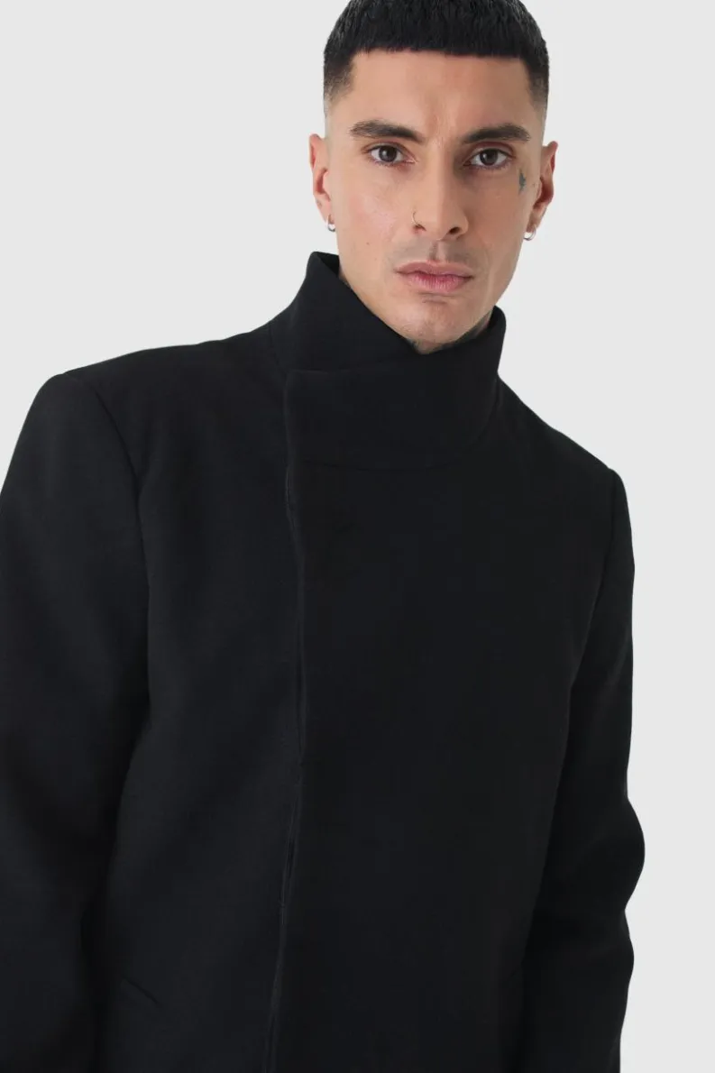 Clearance boohooMAN Tall Funnel Neck Wool Look Overcoat in black