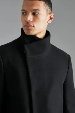 Clearance boohooMAN Tall Funnel Neck Wool Look Overcoat in black