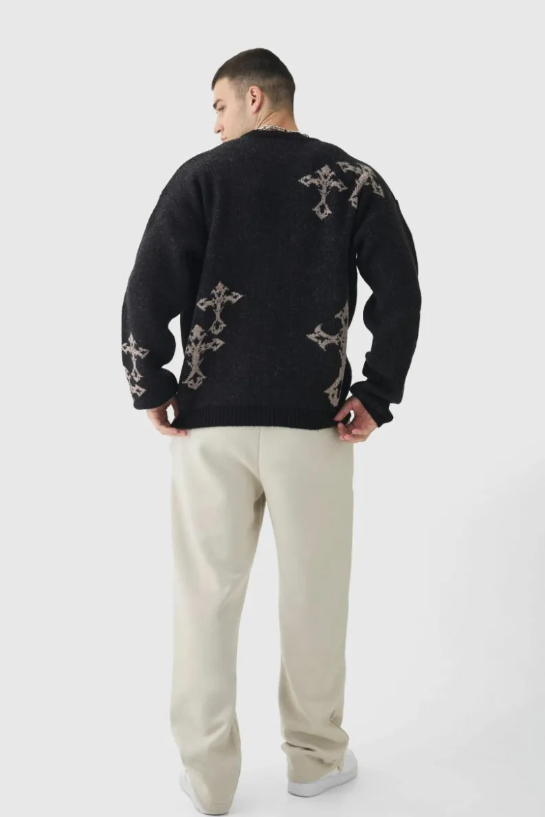 Shop boohooMAN Tall Gothic Cross Oversized Fluffy Knitted Sweat black