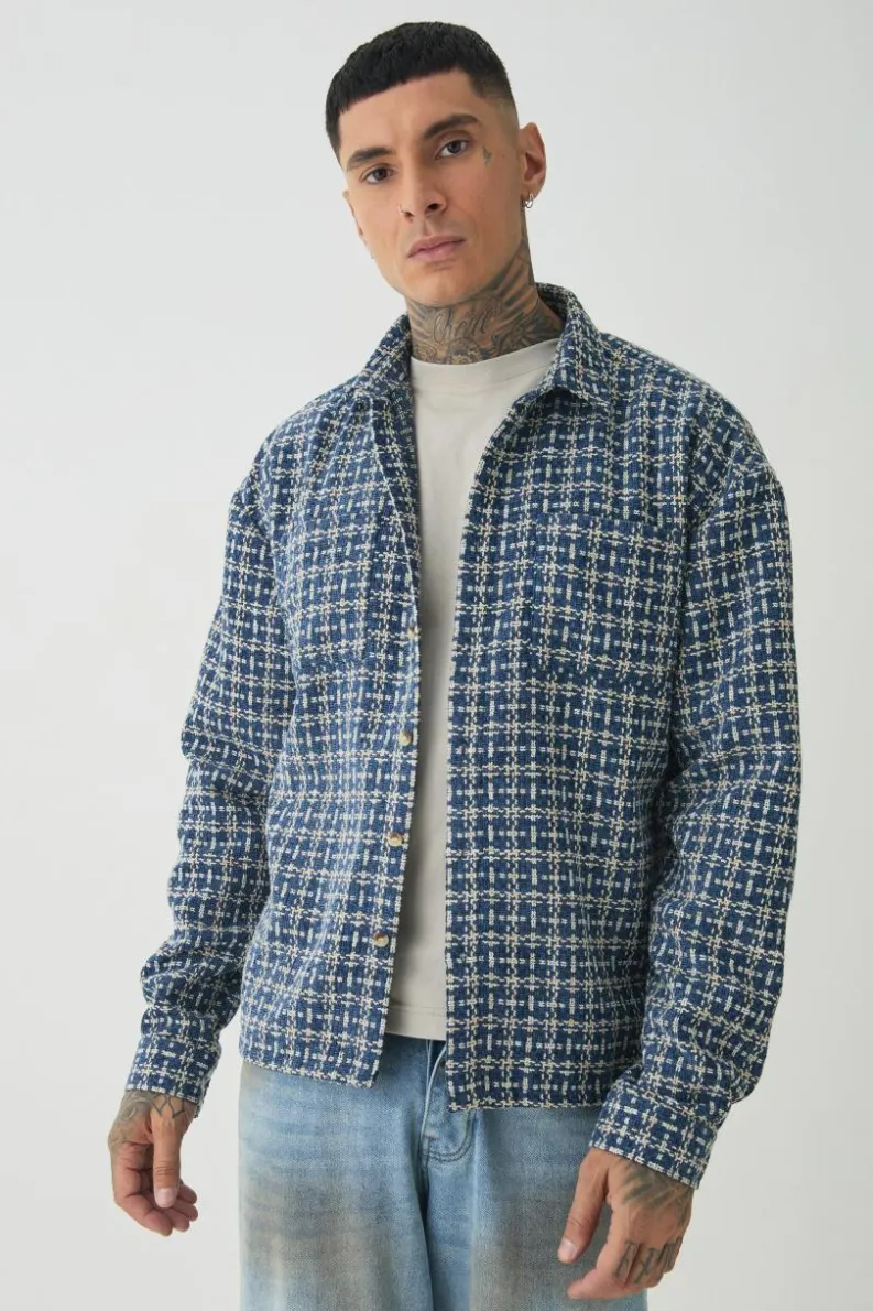Discount boohooMAN Tall Heavy Weight Boucle Shacket blue