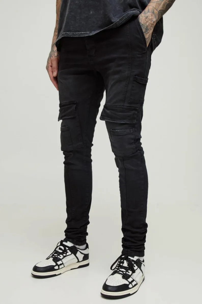 New boohooMAN Tall Heavyweight Skinny Fit Cargo Trousers charcoal