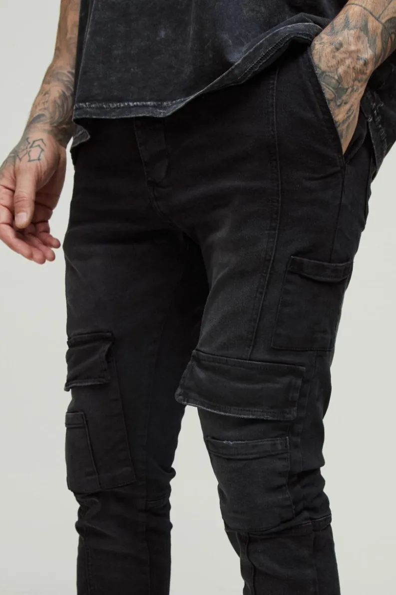New boohooMAN Tall Heavyweight Skinny Fit Cargo Trousers charcoal