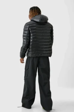 Best boohooMAN Tall High Shine Hooded Puffer Jacket In black