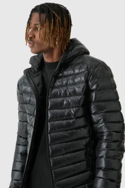 Best boohooMAN Tall High Shine Hooded Puffer Jacket In black