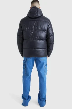 New boohooMAN Tall Hooded High Shine Puffer Jacket in black