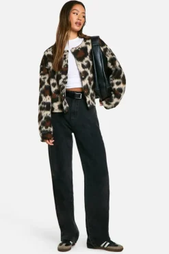 Cheap boohoo Tall Wool Look Bomber Jacket leopard