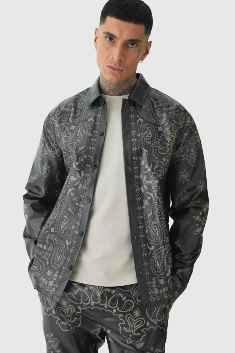 Cheap boohooMAN Tall Long Sleeve PU Bandana Print Shirt black