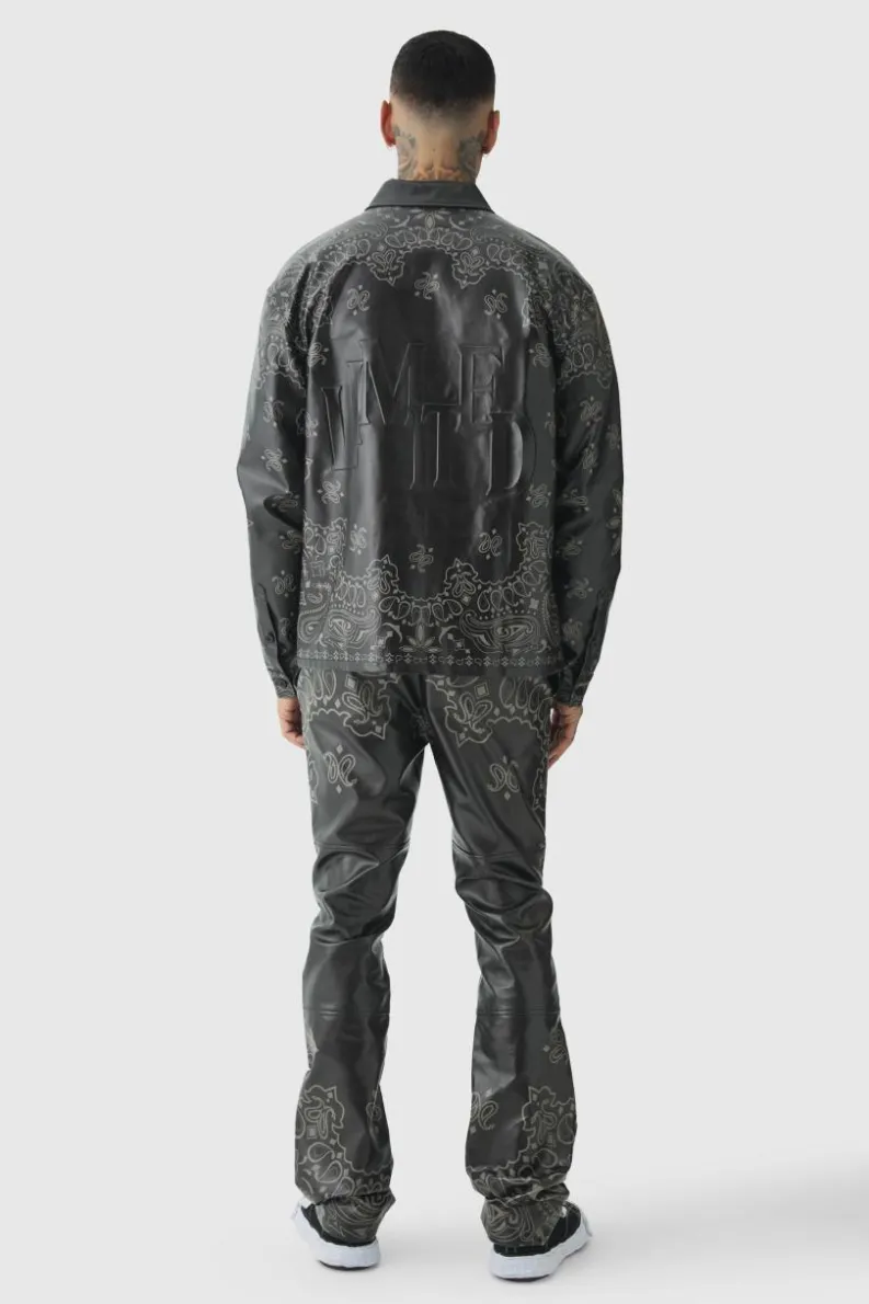Cheap boohooMAN Tall Long Sleeve PU Bandana Print Shirt black