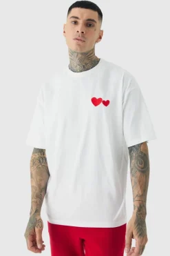 Sale boohooMAN Tall Love Heart Embroidered T-shirt In white