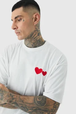 Sale boohooMAN Tall Love Heart Embroidered T-shirt In white
