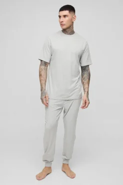 Flash Sale boohooMAN Tall Man Loungewear Cuffed Joggers and T-shirt Set grey marl