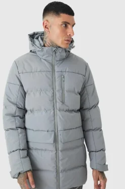 Best boohooMAN Tall Mid Length Hooded Puffer Jacket In grey