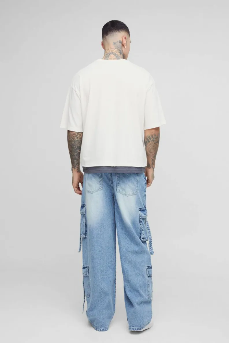 Fashion boohooMAN Tall Multi Pocket Baggy Cargo Jeans light wash