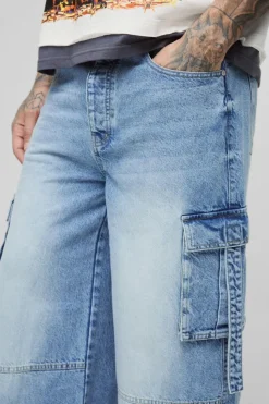 Fashion boohooMAN Tall Multi Pocket Baggy Cargo Jeans light wash