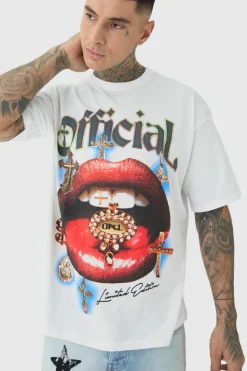 Sale boohooMAN Tall Official Lips Print Oversized T-shirt in white