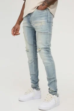 Cheap boohooMAN Tall Overdye Skinny Distressed Carpenter Jeans antique blue