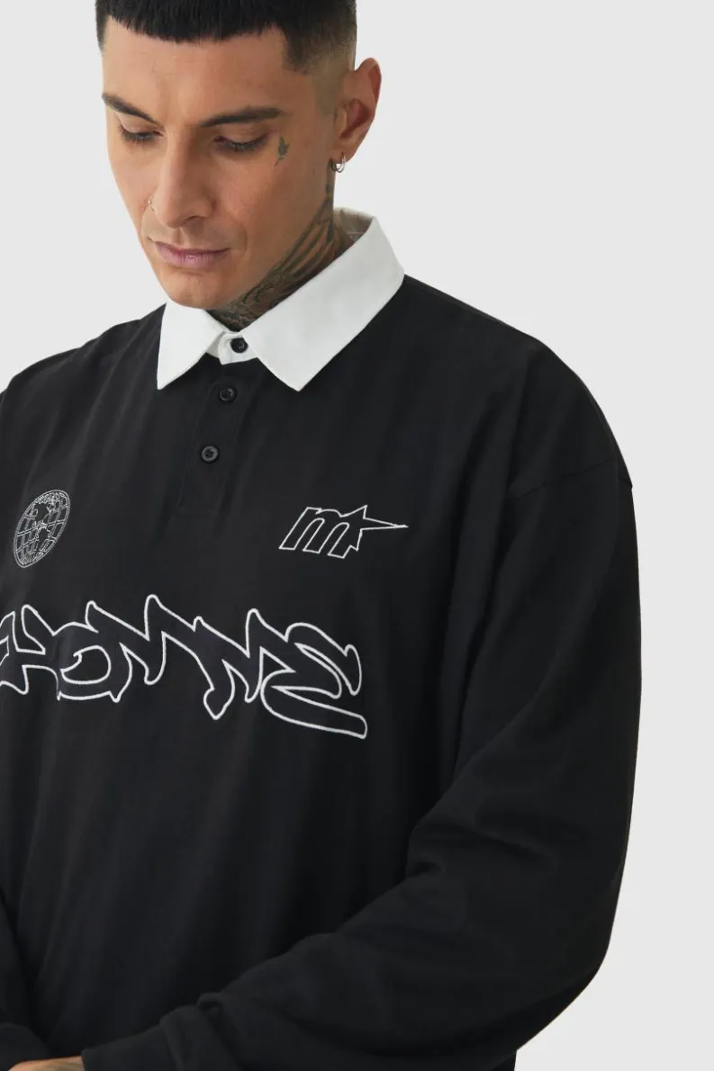 Shop boohooMAN Tall Oversized Applique Rugby Polo black