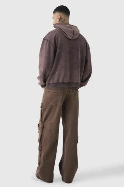 Shop boohooMAN Tall Oversized Boxy Acid Wash Hoodie chocolate