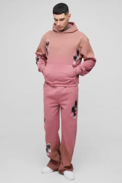Best boohooMAN Tall Oversized Boxy Applique Cross Spray Wash Hooded Relaxed Flare Tracksuit brown