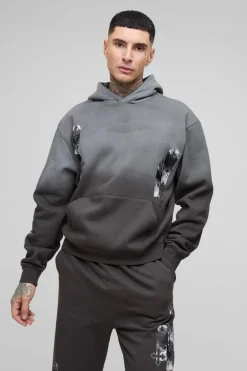 Cheap boohooMAN Tall Oversized Boxy Applique Cross Spray Wash Hooded Relaxed Flare Tracksuit black