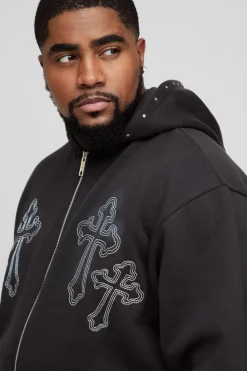 Cheap boohooMAN Tall Oversized Boxy Cross Embroidered Zip Through Hooded Tracksuit black