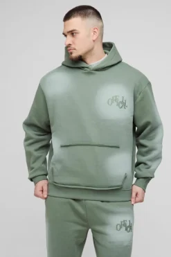 Cheap boohooMAN Tall Oversized Boxy Distressed Official Applique Spray Wash Hooded Tracksuit green