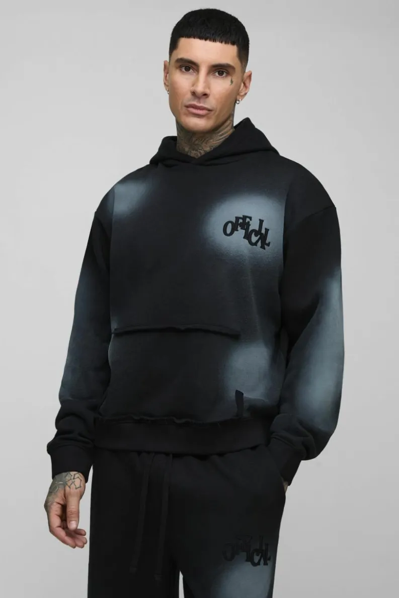 Best boohooMAN Tall Oversized Boxy Distressed Official Applique Spray Wash Hoodie black