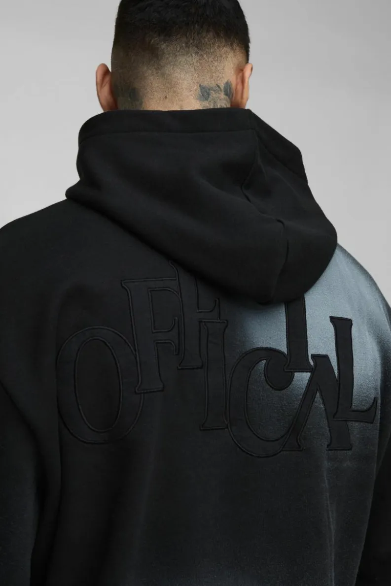 Best boohooMAN Tall Oversized Boxy Distressed Official Applique Spray Wash Hoodie black