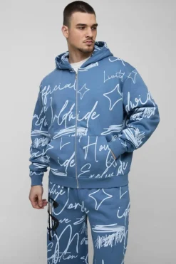 Cheap boohooMAN Tall Oversized Boxy Graffiti Hooded Wide Leg Tracksuit slate blue