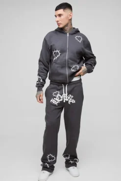 Best boohooMAN Tall Oversized Boxy Heart Print Zip Hooded Double Waistband Tracksuit black