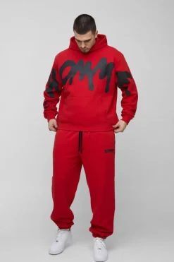 Flash Sale boohooMAN Tall Oversized Boxy Homme Graffiti Print Hooded Tracksuit red