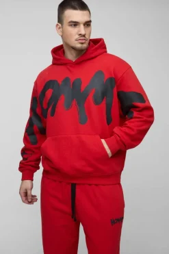 Flash Sale boohooMAN Tall Oversized Boxy Homme Graffiti Print Hooded Tracksuit red