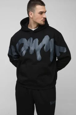 Hot boohooMAN Tall Oversized Boxy Homme Graffiti Print Hooded Tracksuit black