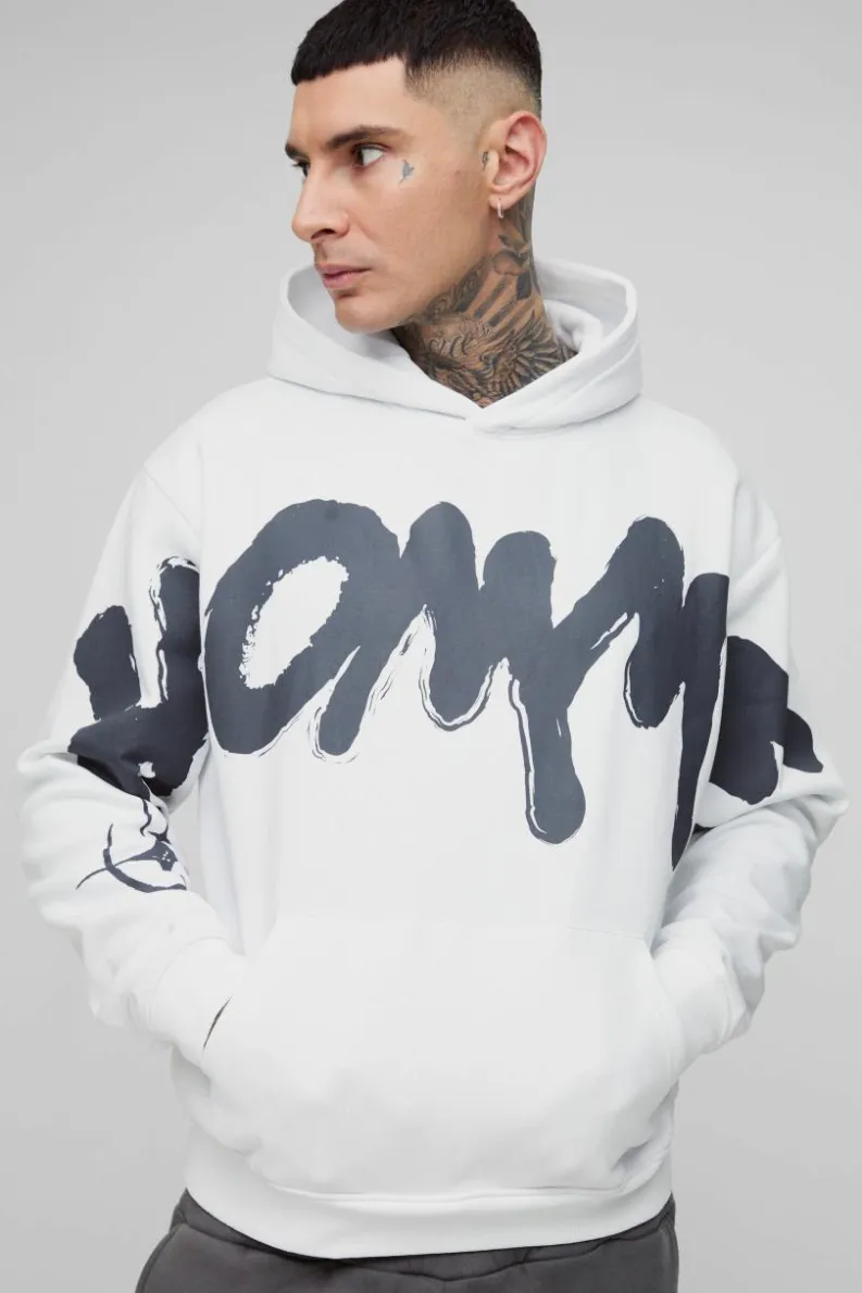 Flash Sale boohooMAN Tall Oversized Boxy Homme Graffiti Print Hoodie white