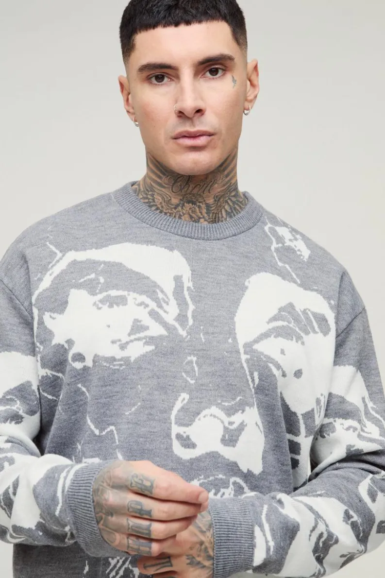 Sale boohooMAN Tall Oversized Boxy Line Face Knitted Jumper grey
