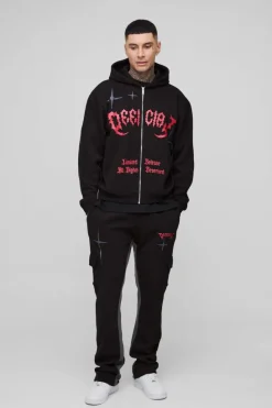 Flash Sale boohooMAN Tall Oversized Boxy Official Hooded Gusset Jogger Tracksuit black