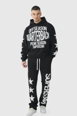 Sale boohooMAN Tall Oversized Boxy Off Season Puff Printed Hooded Tracksuit black