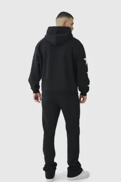 Sale boohooMAN Tall Oversized Boxy Off Season Puff Printed Hooded Tracksuit black